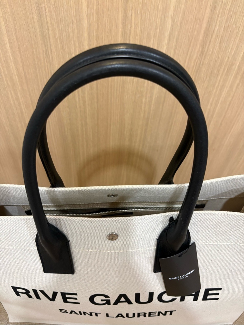 Saint Laurent Rive Gauche Canvas Tote in Beige with Black Accents - Picture 7 of 9